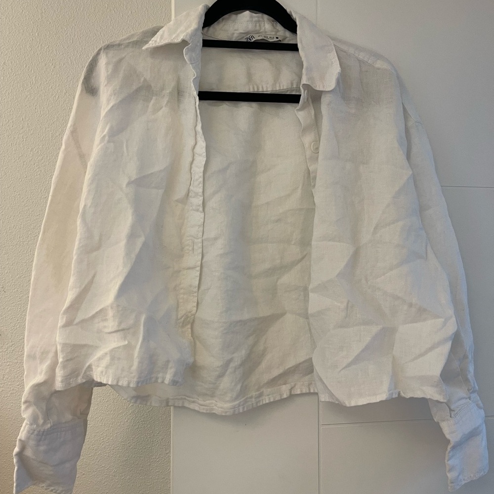 Zara Classic White cropped  Linen Shirt
